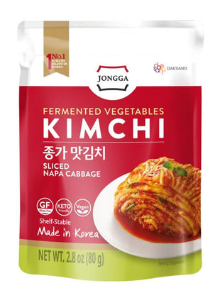 Spicy Premium Fermented Kimchi Napa Cabbage [ FUN SIZE Pouch Pack of 8] - [Original] – (Gluten Free / KETO / Vegan) | 0 Fat/ 0 Sugar/ 0 Cholesterol | Long Shelf Life | Perfect for Ramen & Stir-Fries - JONGGA