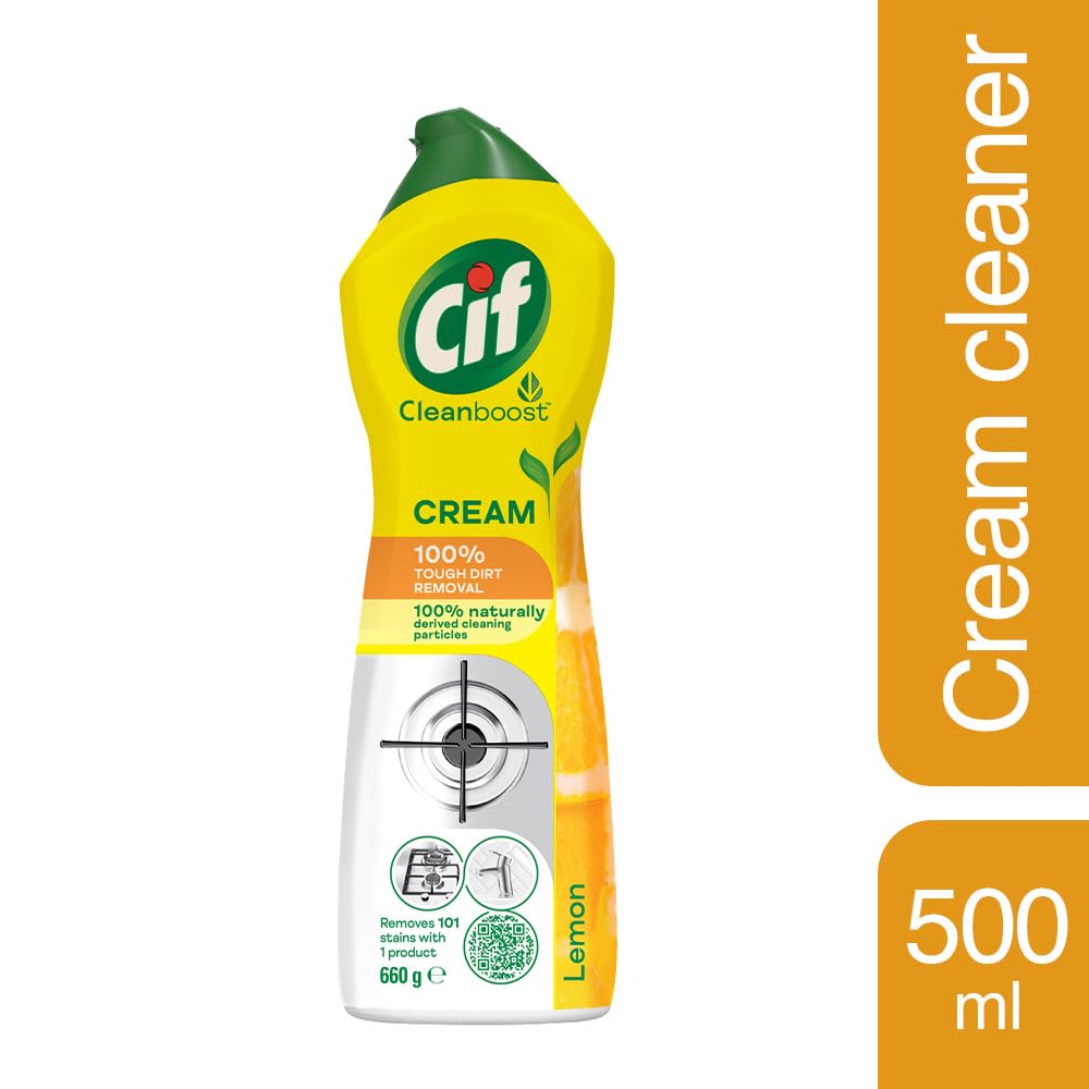 Cif Abrasive Surface Cleaner Cream, Lemon| Kitchen & Bathroom, Removes Grease, Dirt & Tough Stains with Natural Cleaning Particles, 500 ml