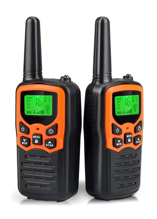 Walkie Talkies, MOICO Long Range Walkie Talkies for Adults with 22 FRS Channels, Family Walkie Talkie with LED Flashlight VOX LCD Display for Hiking Camping Trip (Orange 2 Pack)