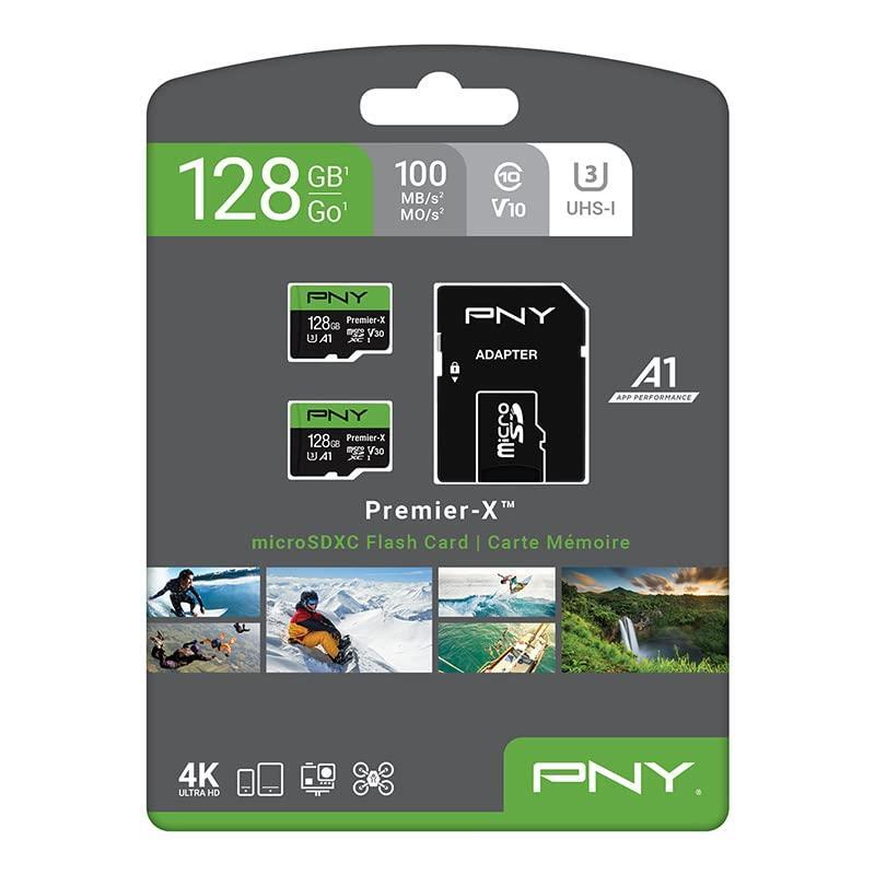 PNY P-SDU128X2V31100PX-GE 128GB Premier-X Class 10 U3 V30 microSDXC Flash Memory Card 2-Pack - 100MB/s, Class 10, U3, V30, A1, 4K UHD, Full HD, UHS-I, Micro SD
