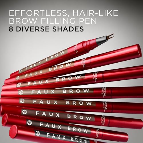 L'Oreal Paris Faux Brow, Hair-Like, Filling Eyebrow Pen with Double-Brush Tip, Fast & Precise Eyebrow Makeup, Soft Black, 0.04 Fl Oz