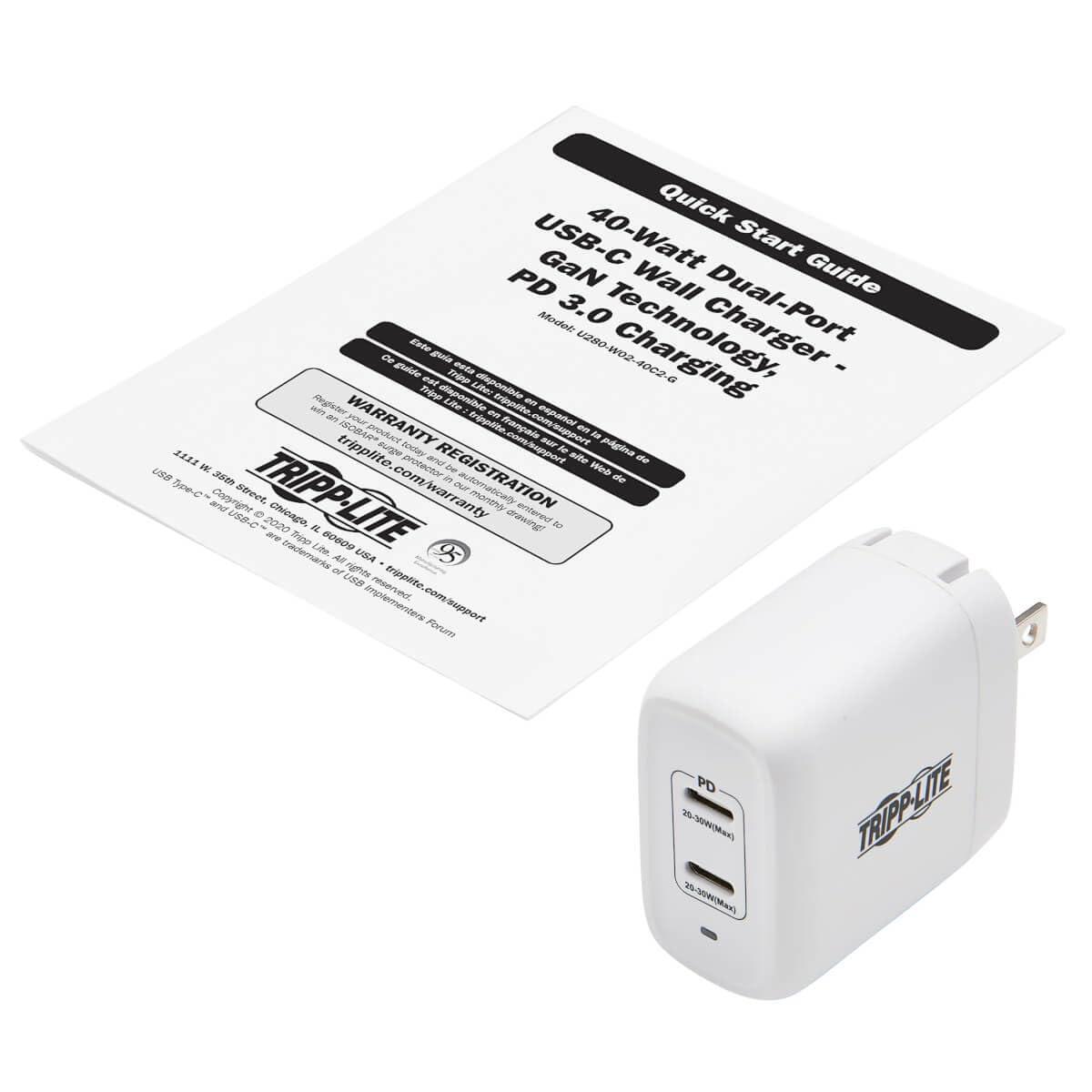 Tripp Lite USB-C Dual-Port Wall Charger, Compact Travel Size Folding Plug, USB 3.0, 40W Power Delivery Charging, Temperature Cooling Gallium Nitride Technology, 2-Year Warranty (U280-W02-40C2-G)