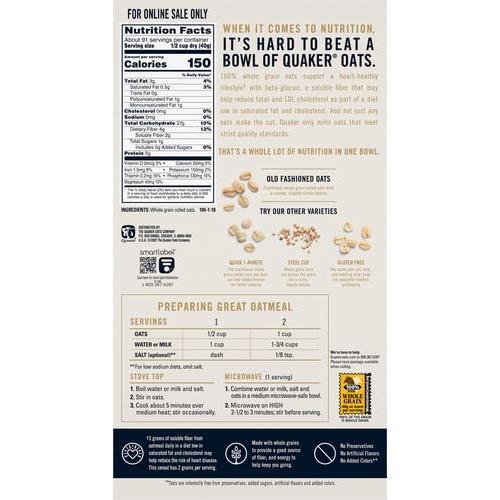 Quaker Old Fashioned Rolled Oats, Non GMO Project Verified, Two 64oz Bags in Box, 90 Servings, 4 Pound (Pack of 2)
