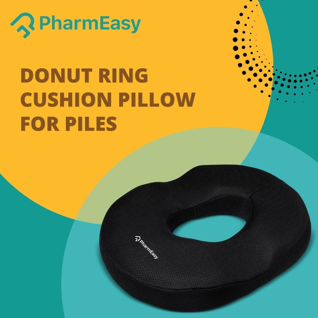 PharmEasy Essentials Premium Orthopaedic Coccyx Donut Piles Pillow Seat Cushion for Lower Back Pain, Sciatica, Tailbone, Lumbar Pain Relief (17" x 14" x 2.5) Black