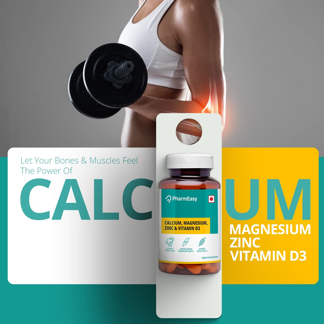 PharmEasy Calcium Magnesium & Zinc Supplements with Vitamin D3 for Women and Men for Bone Health plus Joint Support