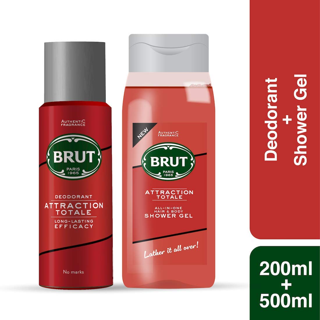 Brut Attraction Deodorant 200ml + Brut Attraction Total All - In- one Hair & Body Shower Gel 500ml