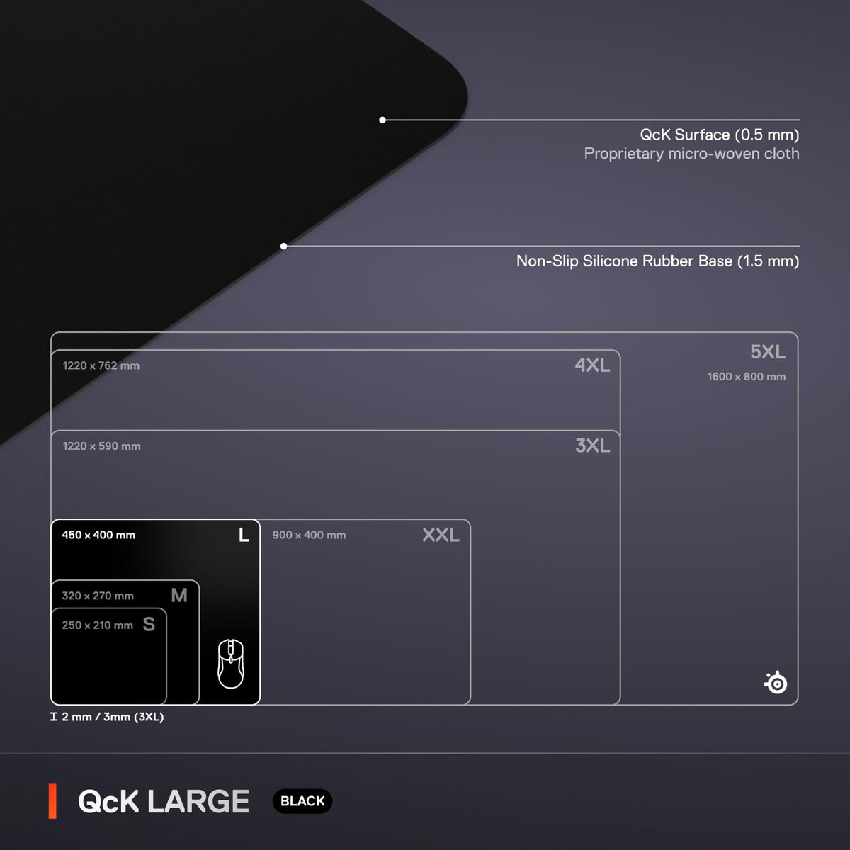 SteelSeries QcK Large Gaming Mousepad — Black — Non-Slip Silicone Rubber Base — Peak Tracking and Stability — Optimized for Gaming Sensors — 490 mm x 420 mm — FPS, MOBAs, RTS, MMO