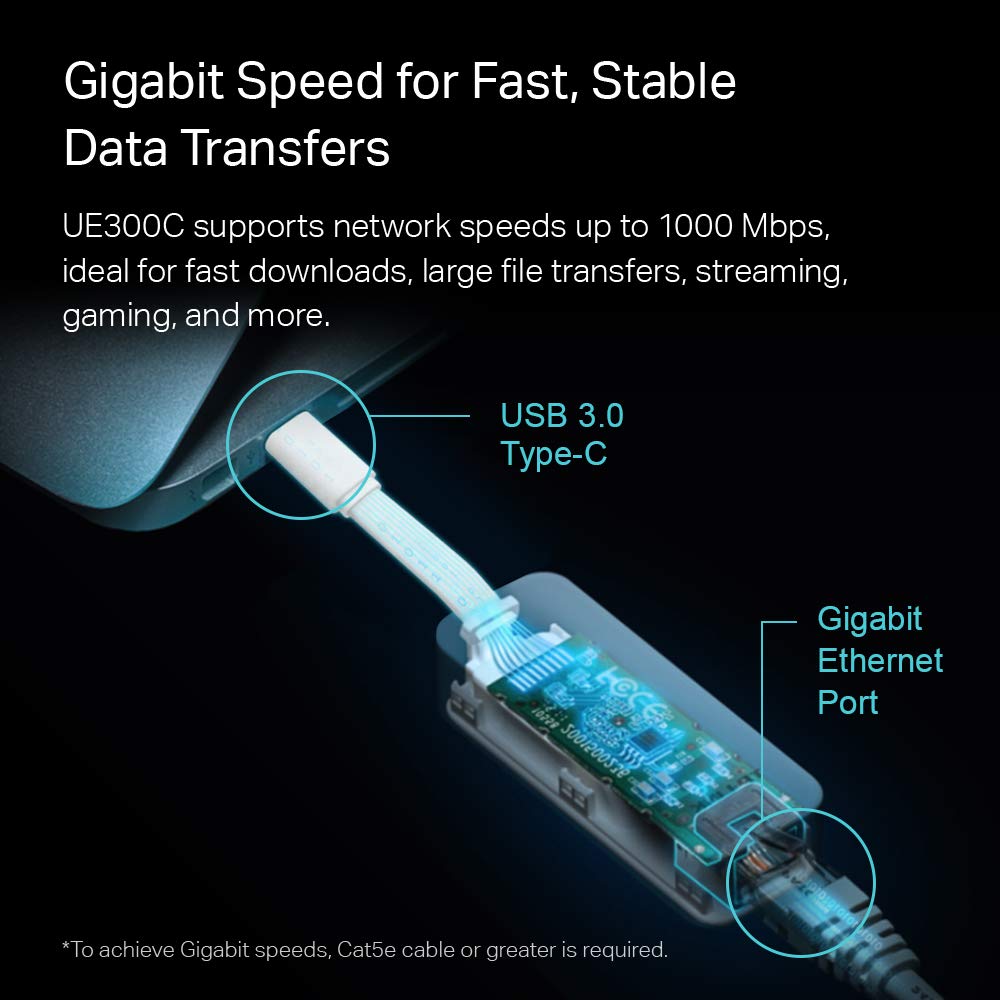 TP-Link USB C to Ethernet Adapter (UE300C), Portable 1Gbps RJ45 to USB-C Network Adapter [Thunderbolt 3/4 Compatible], Compact | Plug & Play Design, Compatible with MacBook Pro/Air, iPad Pro, and More