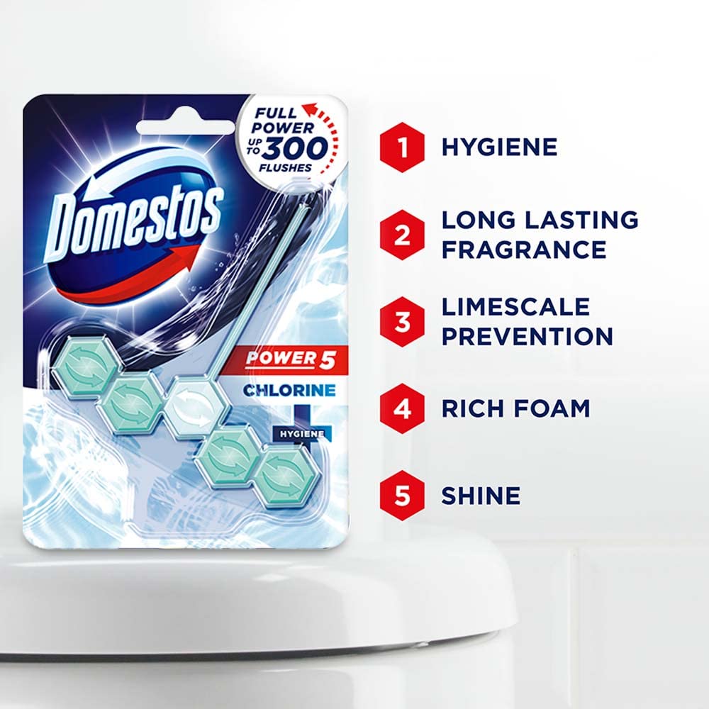 Domestos Power 5 Toilet Rim Block, Chlorine, Limescale Removal with Long Lasting Fragrance, Provides Hygiene & Shine, 55 gm