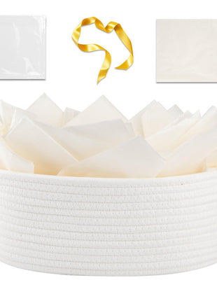 OIAHOMY Gift Basket with Handle, Small Woven Basket with Gift Bag, Ribbon and Wrap Tissue Paper, Nursery Bins Empty to Fill with Small Items, Baby, Pet Toy Organizer - White