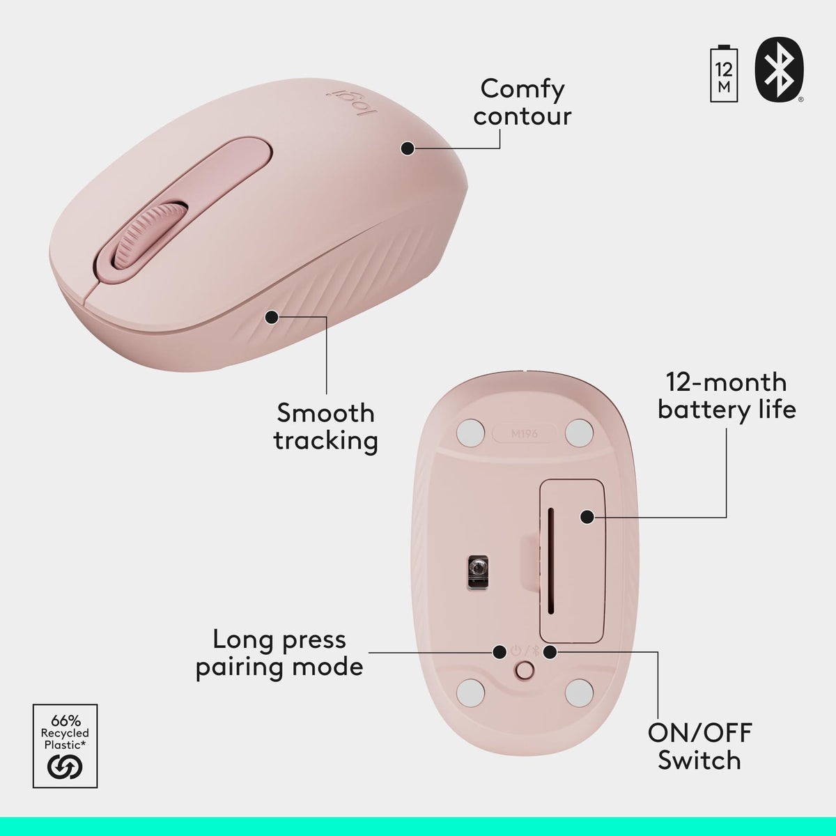 Logitech MK250 Bluetooth Wireless Mouse and Keyboard Combo: Fast & Easy Connectivity, Compact Wireless Keyboard, Ambidextrous Mouse, Durable Build - Windows/MacOS - Rose