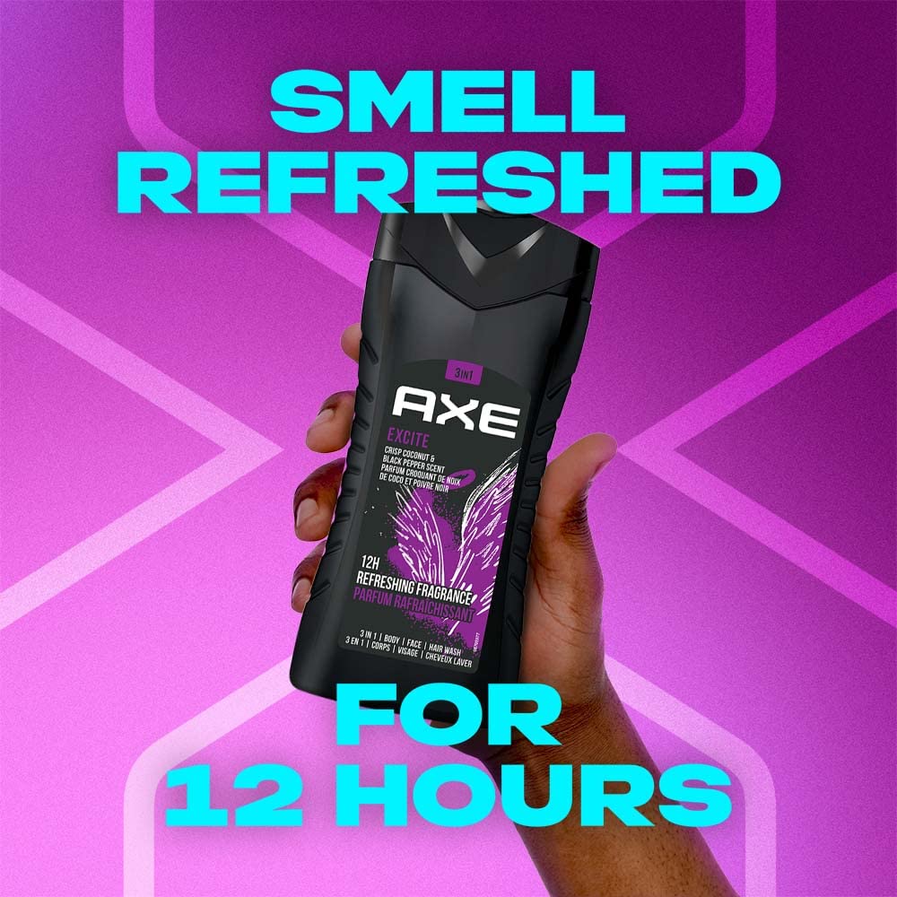 Axe Excite 3 In 1 Body, Face & Hair Wash For Men, Long-Lasting Refreshing Crisp Coconut & Black Pepper Fragrance For Upto 12Hrs, Natural Origin Ingredients, Removes Odor & Bacteria, No Paraben, 250ml