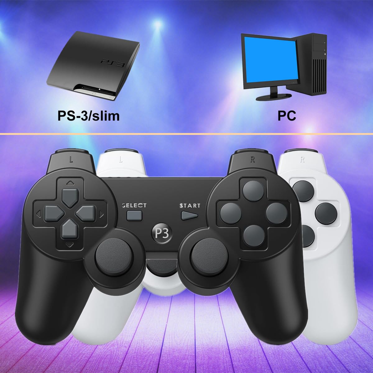 MOVONE wireless Controller for ps3 Rechargeable Game Wireless Controller 2 Pack with 2 Charging Cables, Compatible with Playstation3 (Black+White)