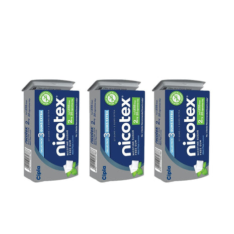 Cipla Nicotex Nicotine Sugar Free Mint Plus Gums 2mg | | WHO - approved Therapy | 40 Gums each Tin | Pack of 3