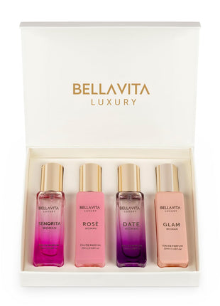Bellavita Luxury Women's Perfume Gift Set with Rose, Senorita, Date, Glam | Long-lasting women's perfume gift set with Rose, Senorita, Date & Glam Eau de Parfum for every occasion.