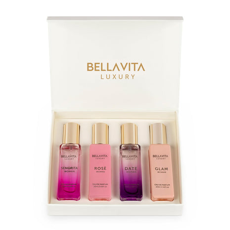 Bellavita Luxury Women's Perfume Gift Set with Rose, Senorita, Date, Glam | Long-lasting women's perfume gift set with Rose, Senorita, Date & Glam Eau de Parfum for every occasion.