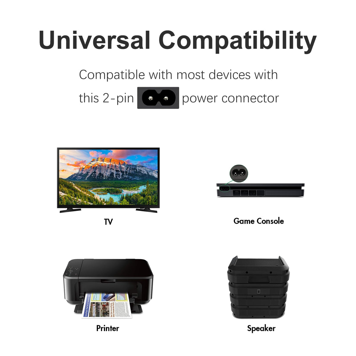 TPLTECH AC Power Cord Compatible with Xbox One S/X, Xbox Series X/S, PS4/PS5/PS3 Slim, 2 Prong Universal Power Cable Replacement