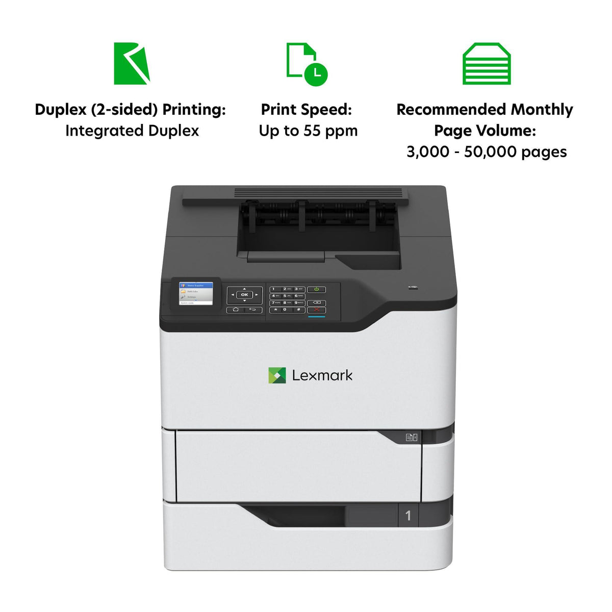 Lexmark MS821dn Monochrome Laser, Duplex (2-Sided) Printing: Integrated Duplex, 2.4-inch Color LCD Display, Print Speed: Up to 55 ppm, Recommended Monthly Page Volume: 3000-50000 Pages(50G0100)