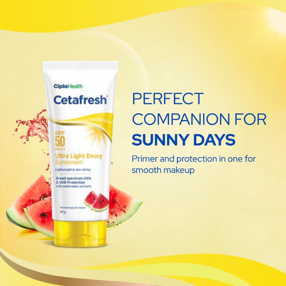 Cetafresh Ultra Light Dewy Sunscreen |Light weight| SPF 50 PA+++ | With Watermelon Extracts | 50 g (Pack of 2)