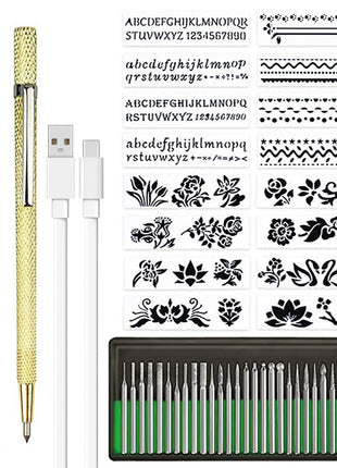Rechargeable cordless Electric Micro Engraver Pen Mini DIY Engraving Tool Kit for Metal Glass Ceramic Plastic Wood Jewelry with 30 Bits and 16 Stencils and 1 Scriber Pen