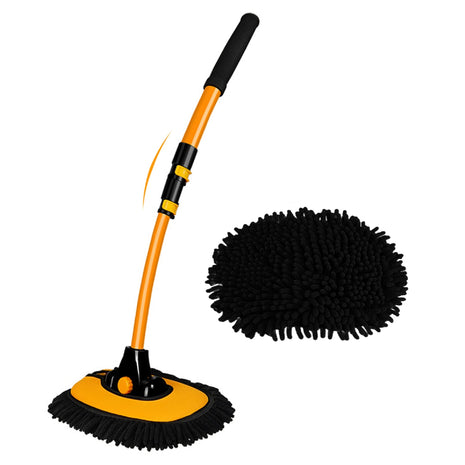 15° Curved Car Cleaning Brush with Telescopic Handle 43 inch Aluminum Alloy Long Rod Wash Mop For Washing Caravan Van Truck Boat RV Roof Soft Chenille Head Duster Clean Product Not Hurt Paint Scratch Free