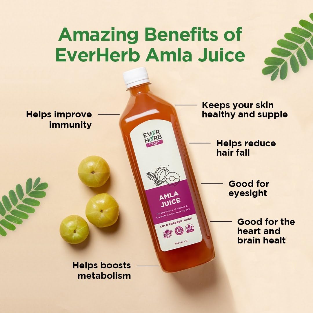 Everherb (by PharmEasy) Amla Juice - 1L | Amla juice for hair growth | Rich Source of Vitamin C | Good Immunity Booster | 100% Ayurvedic Natural Detox Drink No Added Sugar Juice - 1000 ml