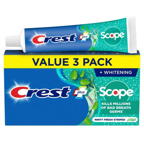 Crest + Scope Whitening Toothpaste - Pack of 3, 5.4 Oz Tubes - Anticavity Fluoride Toothpaste, Fresh Breath, Kills Germs - Tartar Protection, Enamel Protection - Minty Fresh Flavor