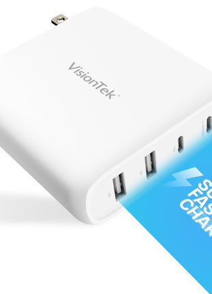 VisionTek 100W 4-Port USB-C Wall Charger, GaN Fast Charge, Foldable Plug | USB-C/USB-A PD Safe Fast Charging, GaN, Compact & Foldable Design, Travel Adapter, Universal Power Laptops, Tablets, Phones