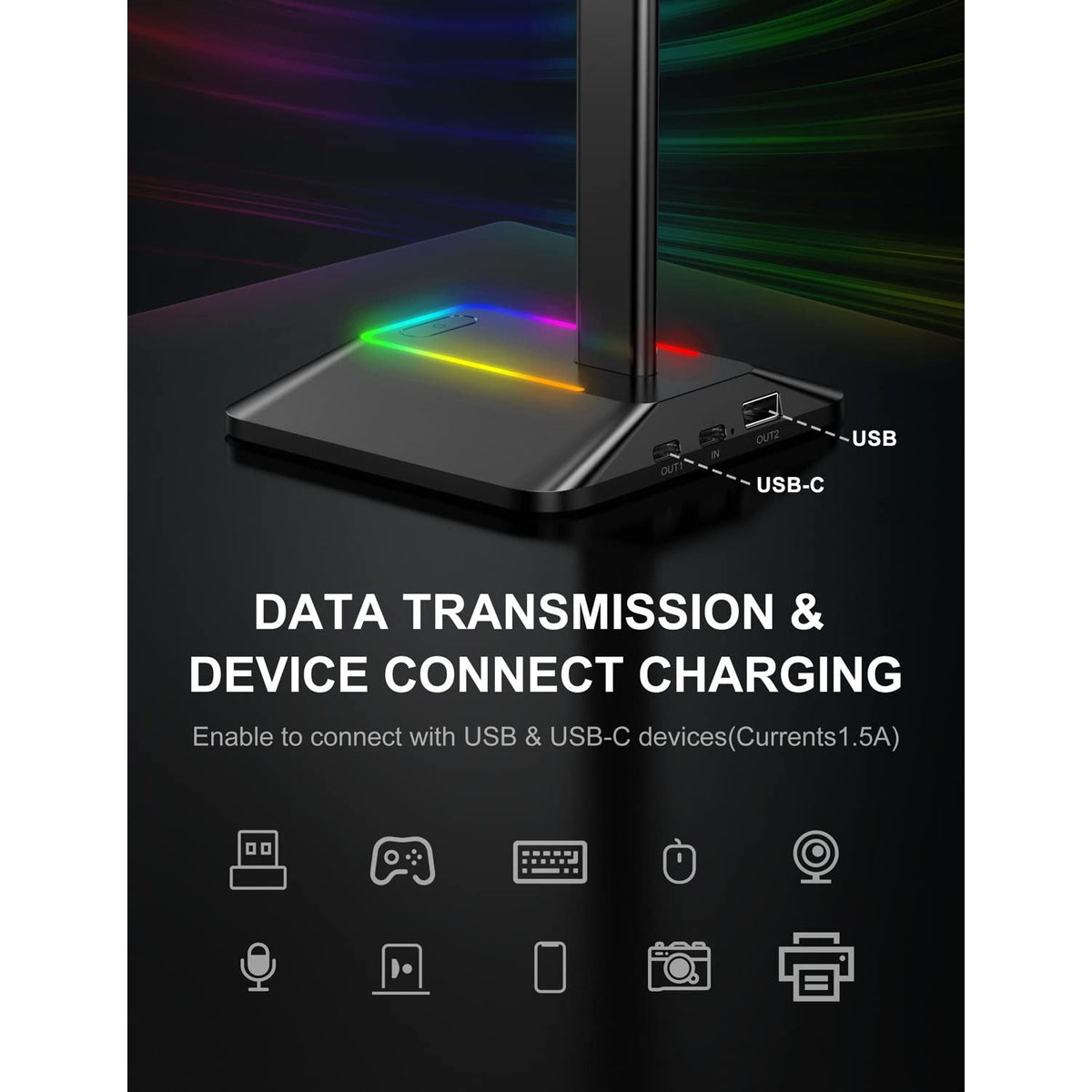 New bee RGB Headphone Stand with 1 USB-C Charging Port and 1 USB Charging Port, Desk Gaming Headset Stand with 7 Light Modes for All Earphone Accessories (Black)