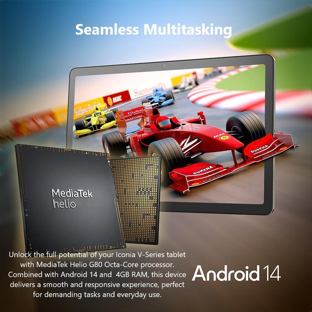 Acer Iconia V10-21-82CD Tablet | 10.1" 1920 x 1200 IPS 16:10 Touch Display | MediaTek Helio G80 Octa-Core CPU | 4GB RAM | 128GB eMMC | WiFi-5 | 5MP & Rear 8MP Webcam | Bumper Case | Android 14
