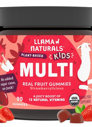 Llama Naturals Kids Multivitamin Gummies | Real Fruit, No Added Sugar Cane | Organic Vegan Toddler Whole Food Vitamins | Vitamin D, C & Beta Carotene Gummy Supplement | Strawberry 90 Ct (1-2 Months)