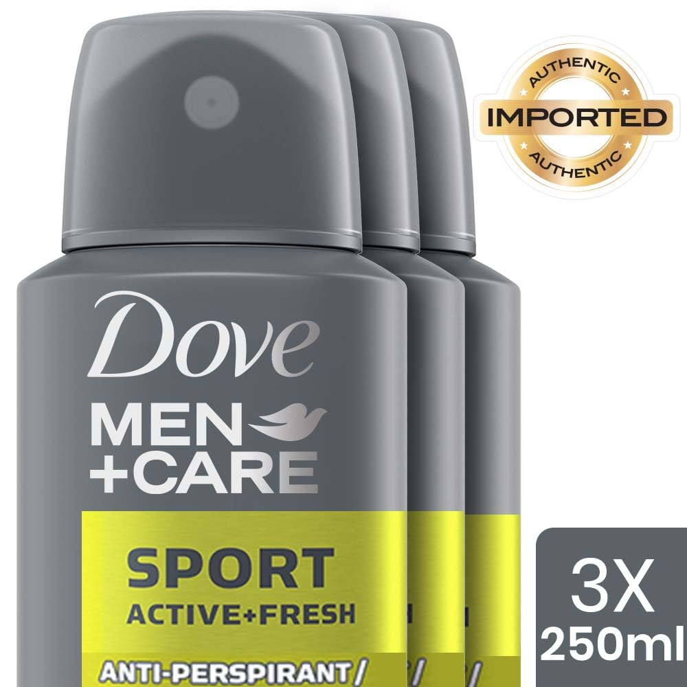 Dove Men+Care Sport Active+ Fresh Dry Spray Antiperspirant Deodorant, Up To 48 hrs Protection From Sweat & Odour, Dermatologically Proven Formula, Soothes & Moisturises Skin, Fresh citrus, Woody Scent, 250ml (Pack of 3)