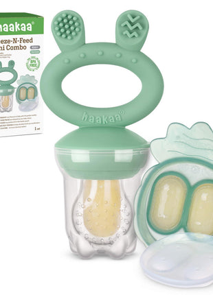Haakaa Baby Fruit Food Feeder & Mini Freezer Nibble Tray Combo, Breastmilk Popsicle Molds for Cooling Relief, BPA Free Silicone Feeder for Safe Infant Self Feeding, 4 Month+ (Pea Green)