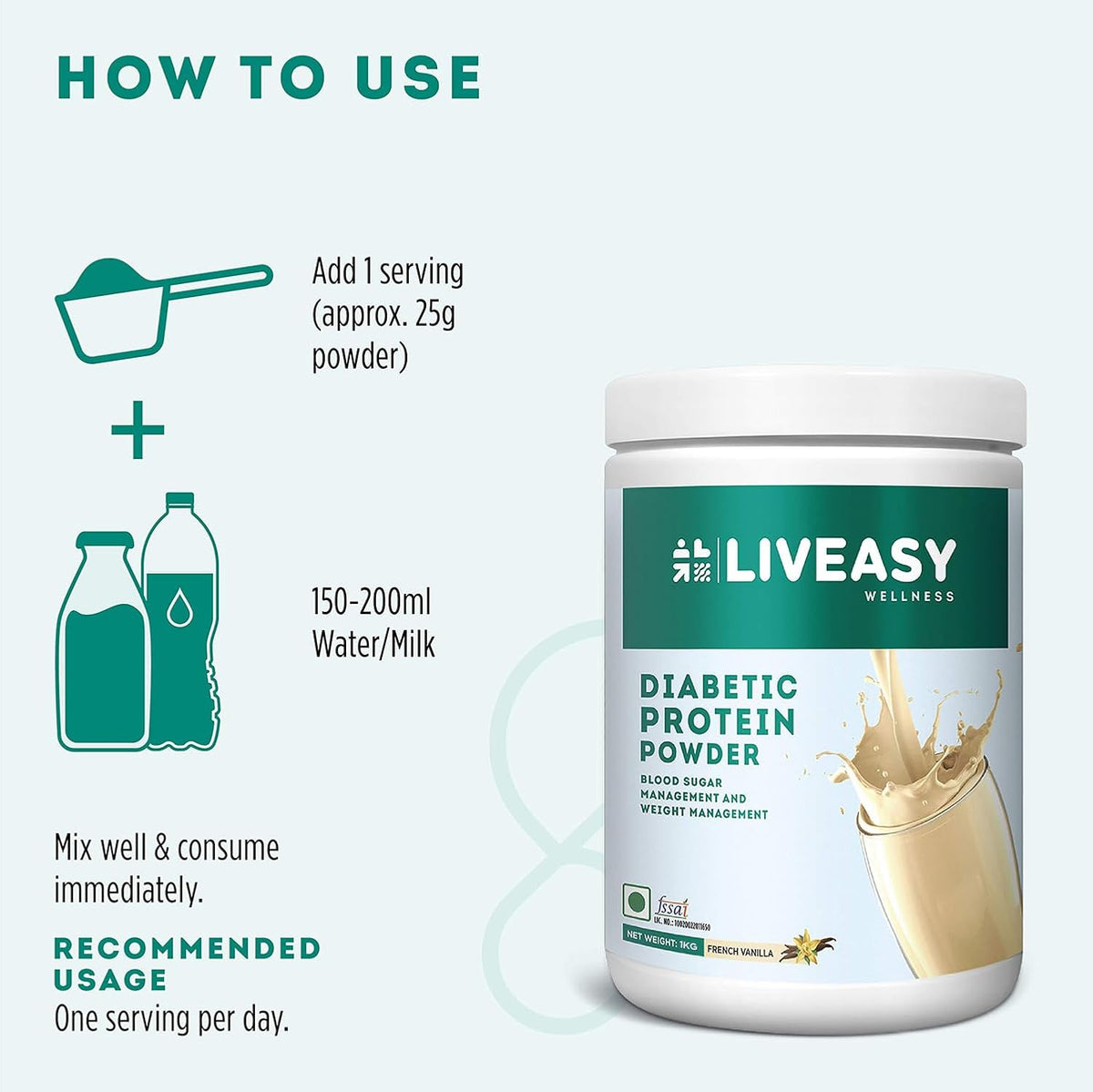 LivEasy Wellness Diabetic Protein | Ensure Your Protein Intake With Our Diabetes Protein Powder | Helps To Control Blood Sugar Levels And Weight Management - 1000 G (Vanilla Flavour)