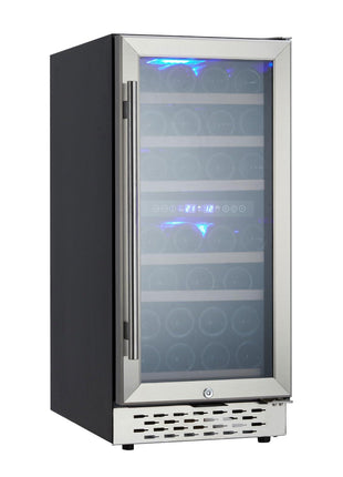 15 Inch Wine Cooler Refrigerator - 28 Bottle Capacity, Double-Layer Glass Door, Temperature Stable System, Digital Control, Single Area Dual Temperature, Built-in or Freestanding, with Lock
