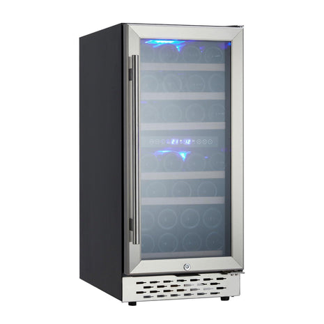 15 Inch Wine Cooler Refrigerator - 28 Bottle Capacity, Double-Layer Glass Door, Temperature Stable System, Digital Control, Single Area Dual Temperature, Built-in or Freestanding, with Lock
