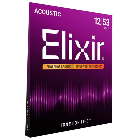 Elixir Strings, Acoustic Guitar Strings, Phosphor Bronze with NANOWEB Coating, Longest-Lasting Rich and Full Tone with Comfortable Feel, 6 String Set, Light 12-53
