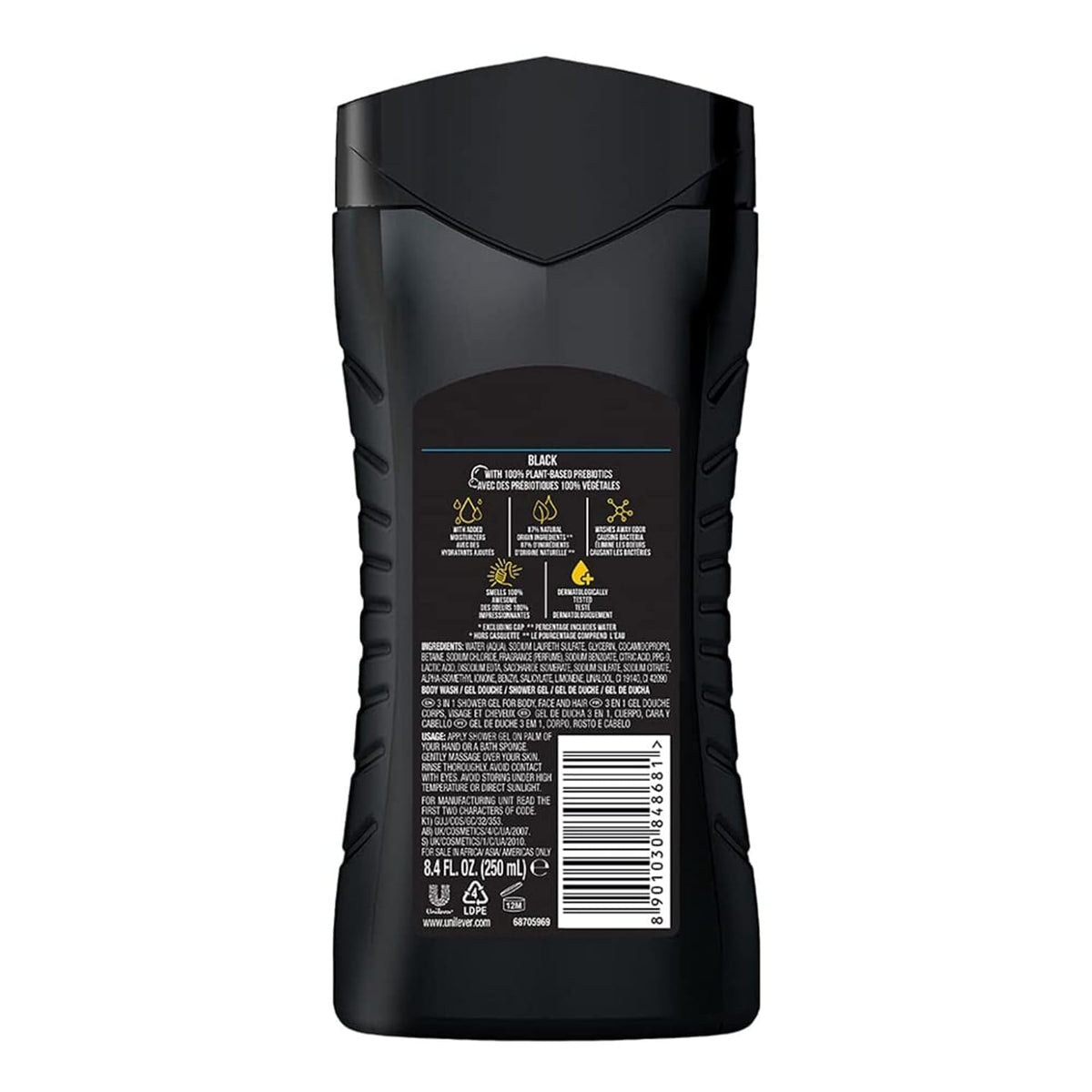 Axe Black 3 In 1 Body, Face & Hair Wash For Men, Long-Lasting Refreshing Frozen Pear & Cedarwood Fragrance For Up To 12Hrs, Natural Ingredients, Removes Odor & Bacteria, No Parabens, 250Ml