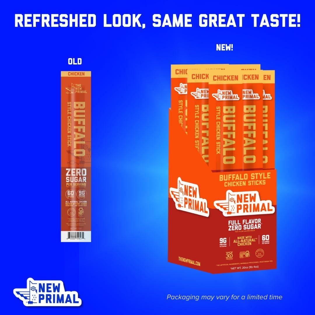 New Primal Buffalo Chicken Sticks, Keto, Gluten Free Healthy Snacks, Sugar Free Low Carb High Protein, Jerky Meat Stick, 9g Protein, 20 Ct