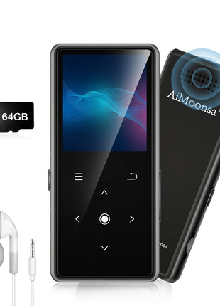 64GB MP3 Player with Bluetooth 5.2, AiMoonsa Music Player with Built-in HD Speaker, FM Radio, Voice Recorder, HiFi Sound, E-Book, Earphones Included
