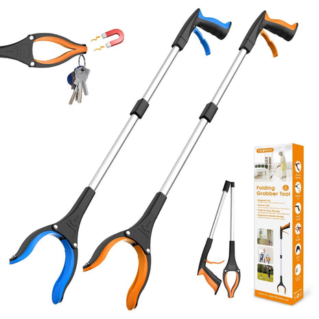 REWKCY 32 inch Grabber Reacher Tool, 2 Pack Foldable Reacher Grabber Pickup Tool with 360? Rotating Jaw & Magnet, Trash Picker Upper Grabber, Lightweight Grabbers for Seniors Heavy Duty