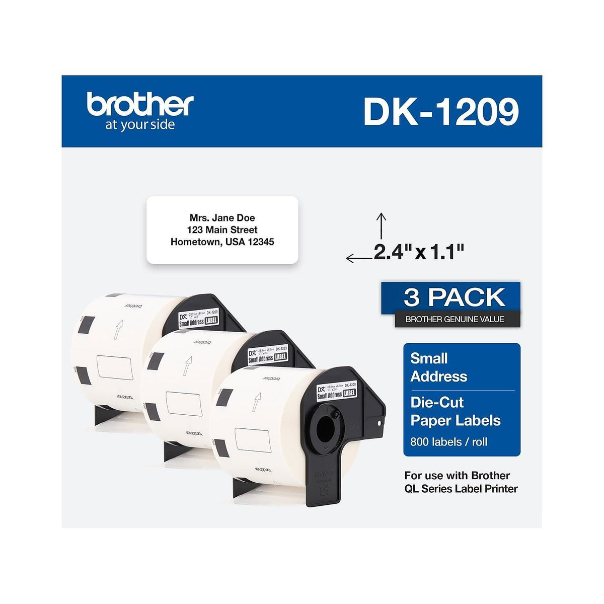 Brother Genuine DK-1209 Small Address Paper Label Roll, Die-Cut Paper Labels, Engineered for Excellence, 800 Labels Per Roll,White, 3 rolls (DK12093PK)