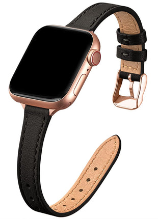STIROLL Slim Leather Bands Compatible with Apple Watch Band 38mm 40mm 41mm 42mm(Series 11 10), Top Grain Leather Watch Thin Wristband for iWatch SE 9 8 7 6 5 4 3 2 1 (Black Rose Gold)