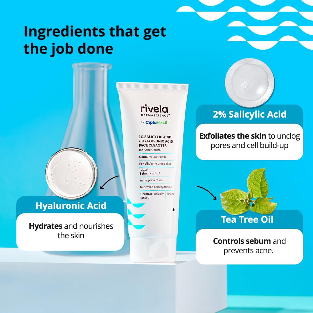 Rivela Dermascience Acne Control Face Wash By Cipla | For Oily Skin | With 2% Salicylic Acid | Contains Tea Tree Oil | Improves Skin Hydration | Controls Sebum | 100 ml