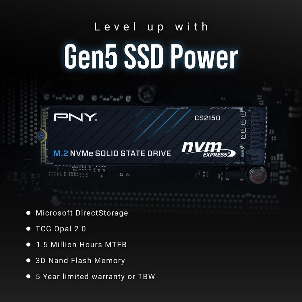 PNY CS2150 2TB Gen5 PCIe NVMe M.2 2280 3D NAND SSD – Up to 10,300/8,600 MBs - PC/Laptop Upgrade, Gaming, Photography, Video Editing, Direct Storage Enabled-Internal Solid-State Drive M280CS2150-2TB-TB