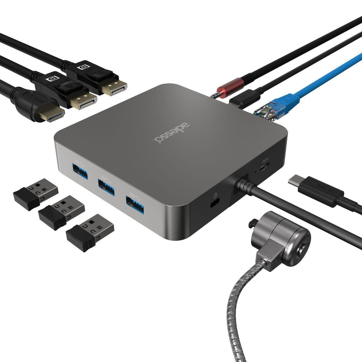 Adesso 11 in 1 USB C Multiport Docking Station Dual Display HDMI USB 3.2 PD 100W RJ45 3.5mm Jack Peripheral Lock Compatible with Windows Mac Made in Taiwan TAA Compliant AUH-4051-TAA