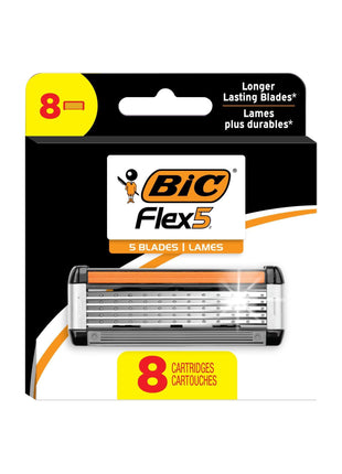 BIC Flex 5 Men's 5-Blade Razor Cartridge Refills, 8-Pack | Lubricating Strip with Aloe and Vitamin E | Precision Edging Blade for Tricky Spots | Refillable Cartridges for Convenience