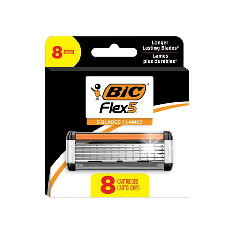 BIC Flex 5 Men's 5-Blade Razor Cartridge Refills, 8-Pack | Lubricating Strip with Aloe and Vitamin E | Precision Edging Blade for Tricky Spots | Refillable Cartridges for Convenience