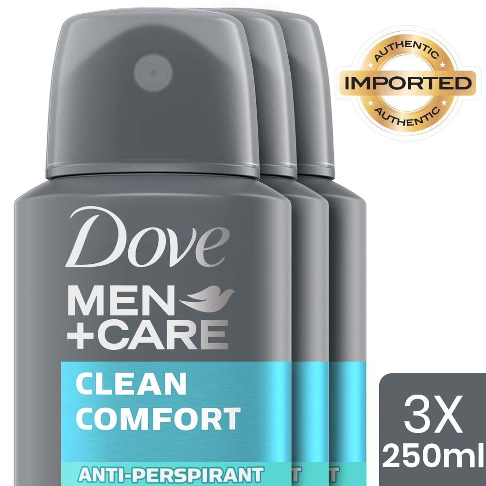 Dove Men+Care Clean Comfort Dry Spray Antiperspirant Deodorant, Up To 48 hrs Protection From Sweat & Odour, Instantly Dry for Cleaner Feel, Dermatologically Proven Formula, Soothes & Moisturises Skin, Clean, Crisp Scent, 250 ml (Pack of 3)