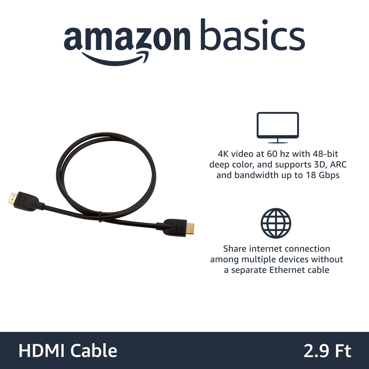 Amazon Basics HDMI Cable, 3ft, 4K@60Hz, High-Speed 4K HDMI 2.0 Cord (18Gbps), 2160p, 48 bit, Compatible with TV/PS5/Xbox/Roku, Black